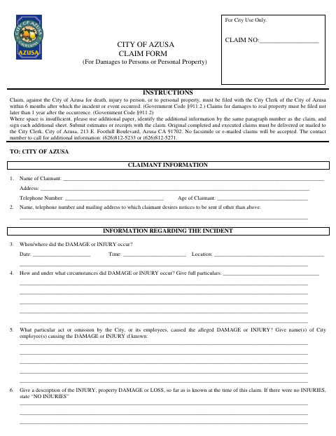 First page of the Claim Form for Damages to Persons or Personal Property