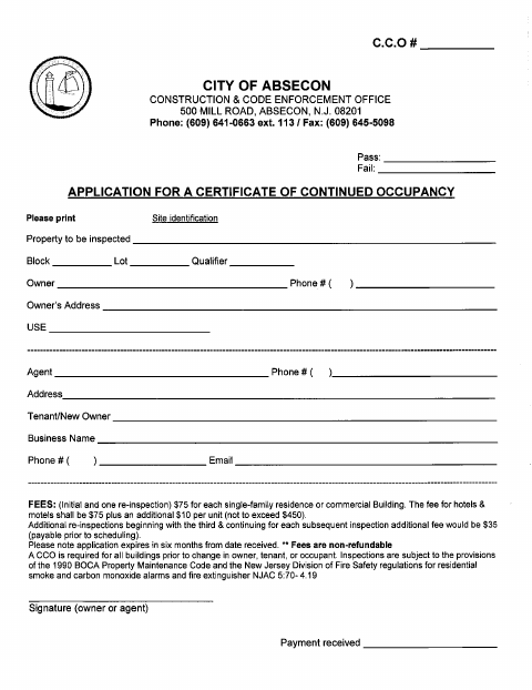 First page of the Certificate of Continued Occupancy Application
