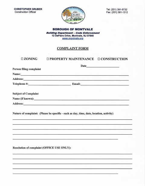 First page of the Complaint Form