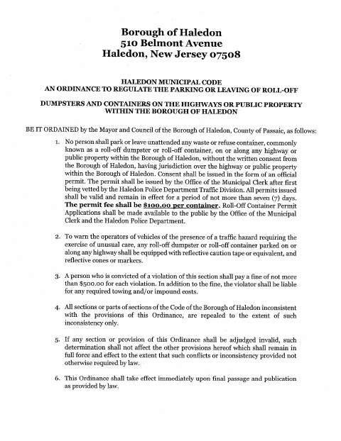 First page of the Roll-Off Container Permit Form