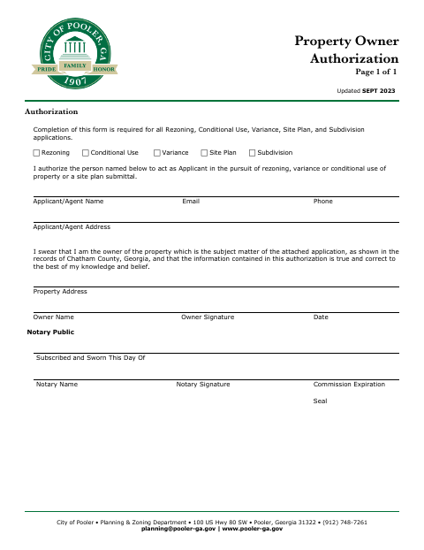 First page of the Property Owner Authorization (Planning & Zoning)