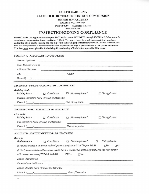 First page of the Inspection/Zoning Compliance Form