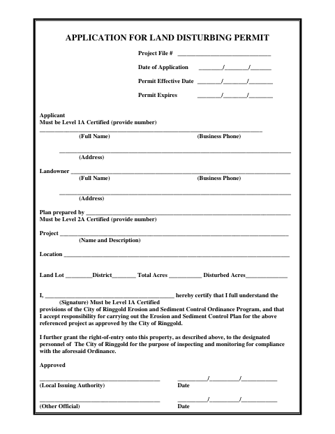 First page of the Application for Land Disturbing Permit