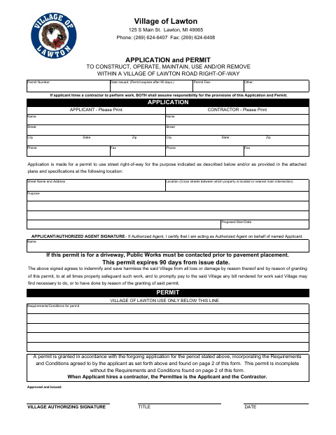 First page of the Street Right-of-Way Permit Application