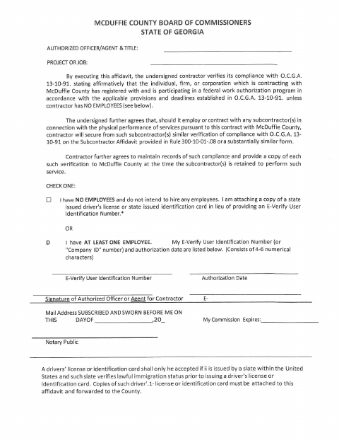 First page of the Contractor Affidavit