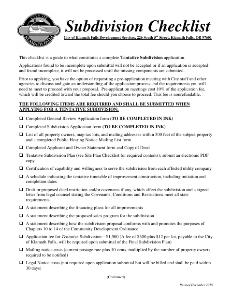 First page of the Tentative Subdivision Application