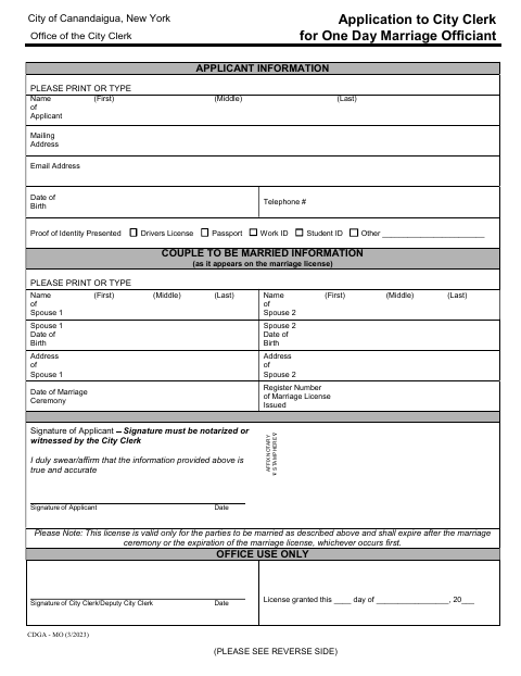 First page of the Application to City Clerk for One Day Marriage Officiant