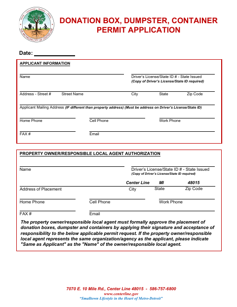 First page of the Donation Box, Dumpster, Container Permit Application
