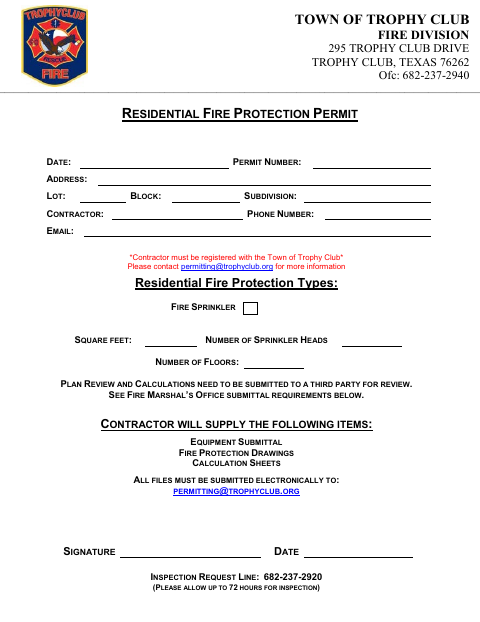 First page of the Residential Fire Protection Permit