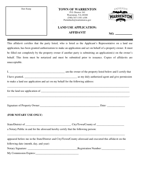 First page of the Land Use Application Authorization Affidavit