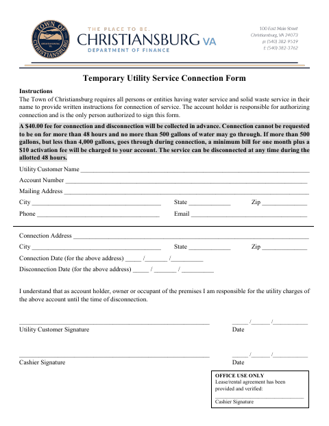 First page of the Temporary Utility Service Connection Form