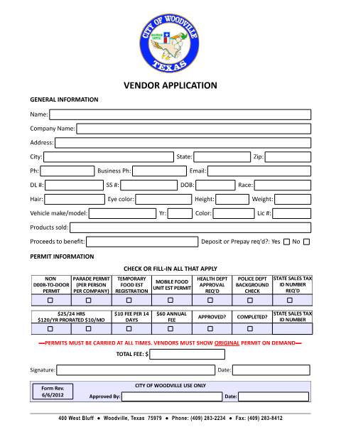 First page of the Vendor Application