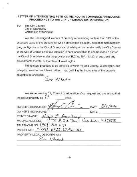 First page of the Annexation Letter of Intent and Petition