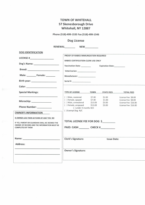 First page of the Dog License Registration