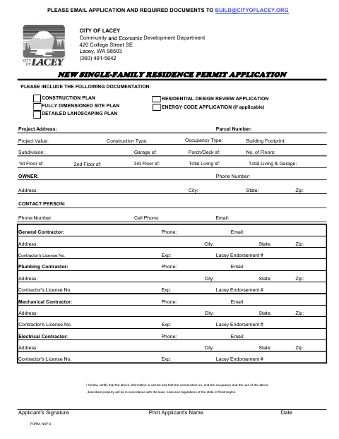 First page of the Residential New Construction Application