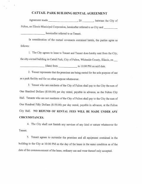 First page of the Cattail Park Building Rental Agreement