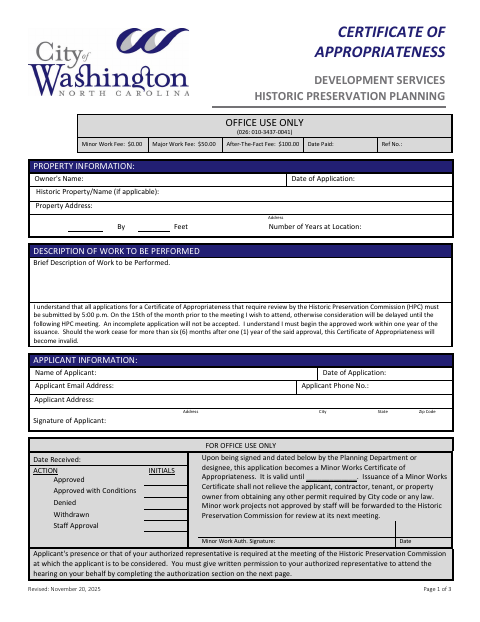 First page of the Certificate of Appropriateness Application