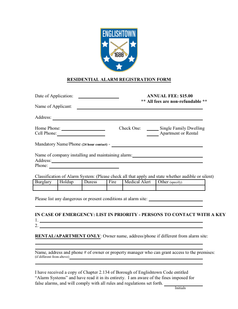 First page of the Residential Alarm Registration Form