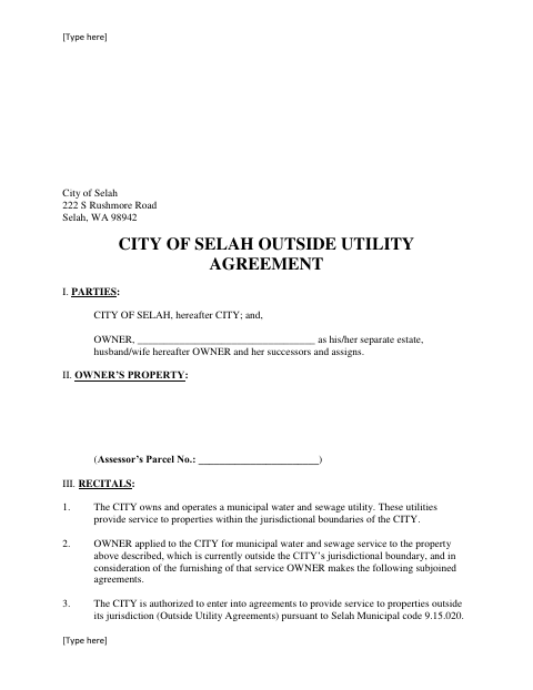 First page of the Outside Utility Agreement