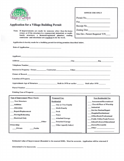 First page of the Building Permit Application