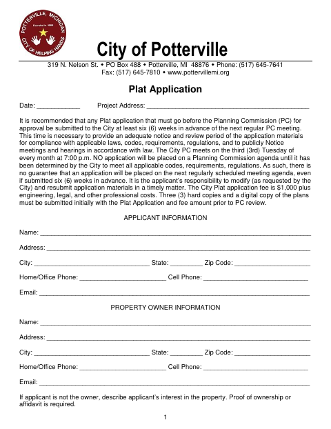 First page of the Plat Application