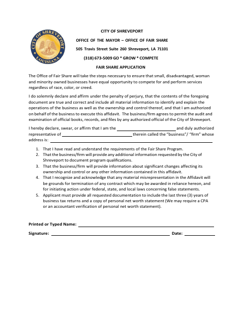 First page of the Fair Share Application