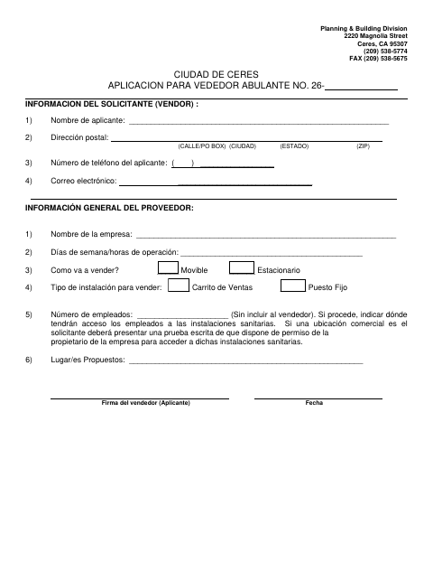 First page of the Sidewalk Vendor Application (Spanish)
