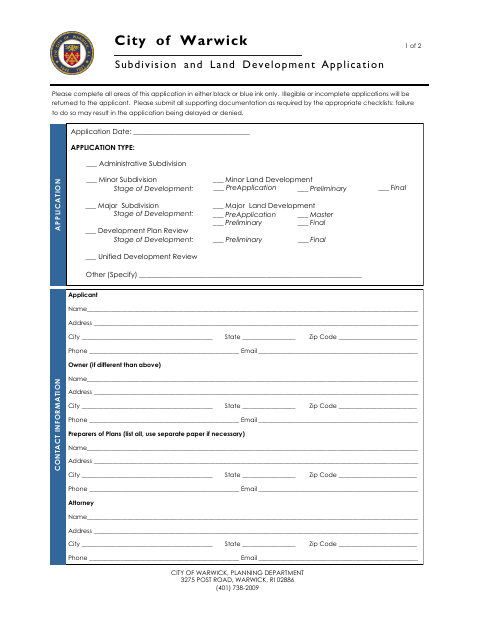 First page of the Subdivision and Land Development Application