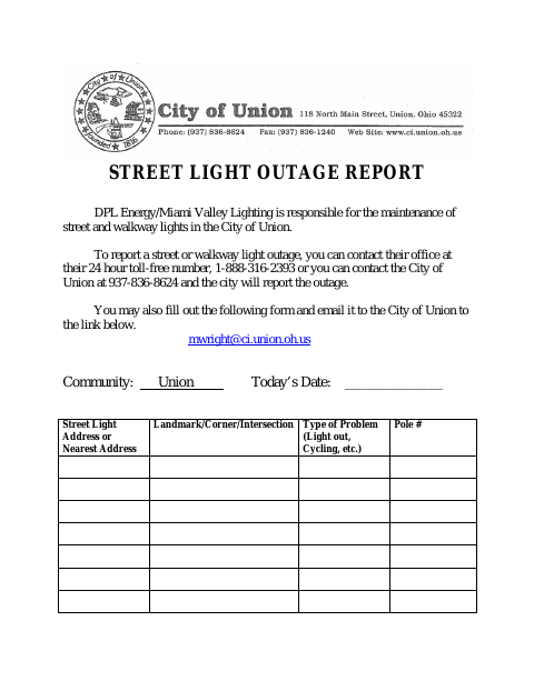 First page of the Street Light Outage Report