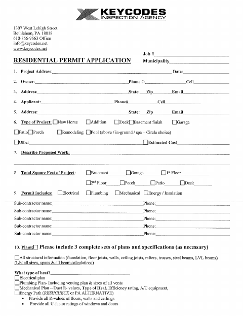 First page of the Residential Permit Application (New Construction)