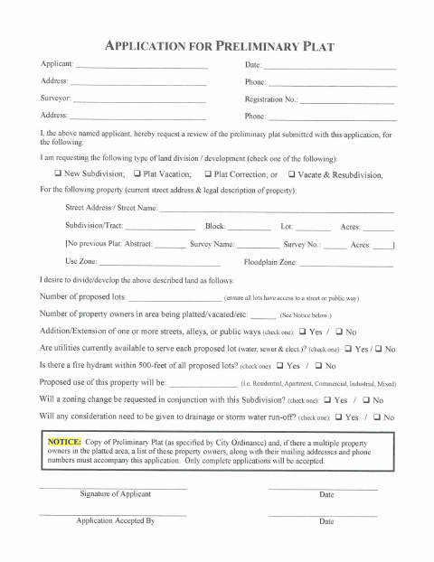 First page of the Application for Preliminary Plat
