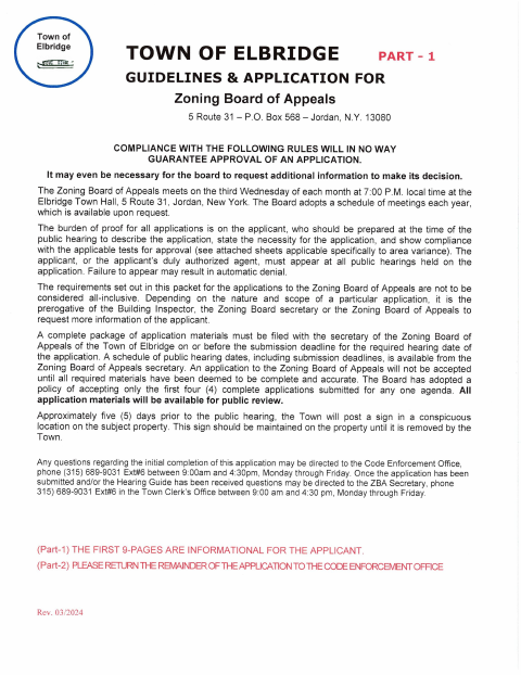 First page of the Zoning Board of Appeals Application and Guidelines