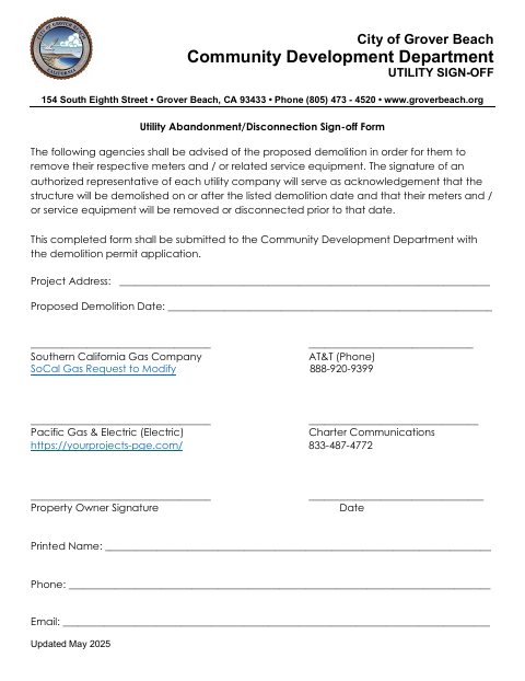 First page of the Utility Abandonment/Disconnection Sign-Off Form