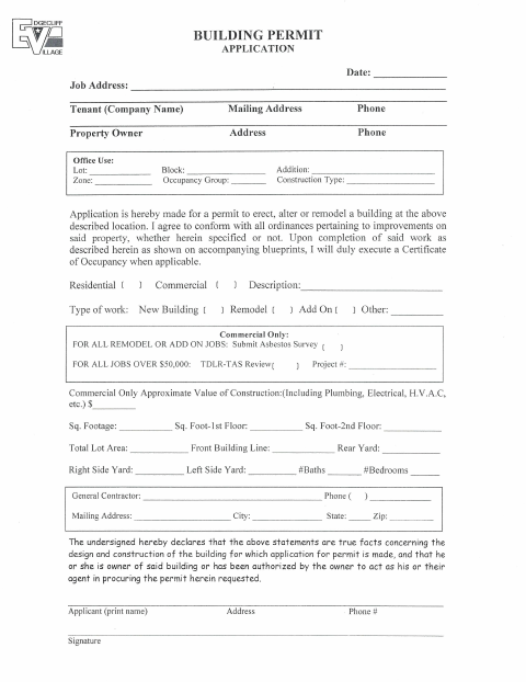 First page of the Building Permit Application