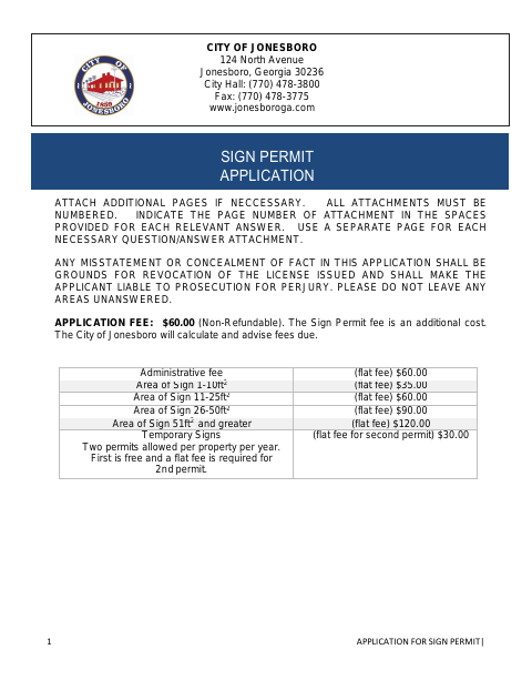 First page of the Application for Sign Permit