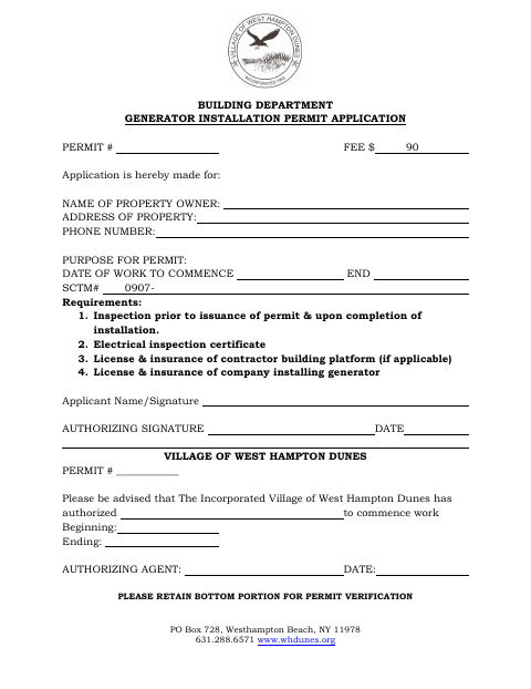 First page of the Generator Installation Permit Application