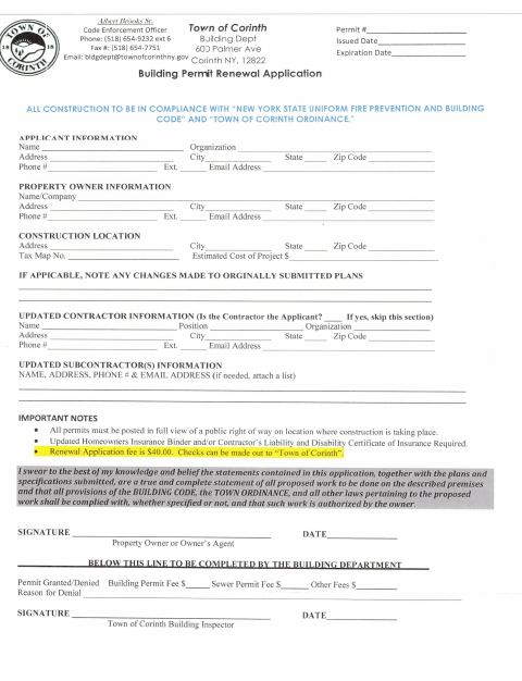 First page of the Building Permit Renewal Application