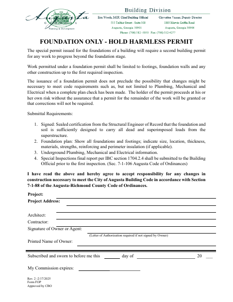 First page of the Foundation-Only Hold Harmless Permit