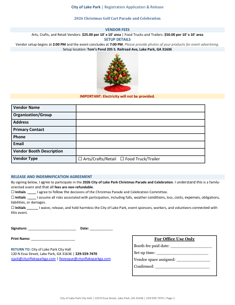 First page of the 2026 Christmas Golf Cart Parade and Celebration Registration Application and Release