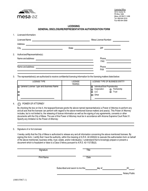First page of the General Disclosure and Representation Authorization Form