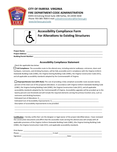 First page of the Accessibility Compliance Form for Alterations to Existing Structures