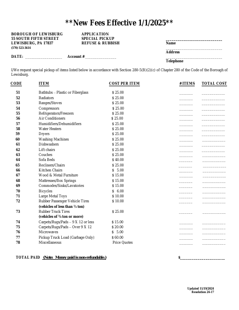 First page of the Special Pickup Refuse & Rubbish Application