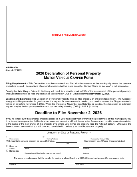First page of the Motor Vehicle Camper Personal Property Declaration