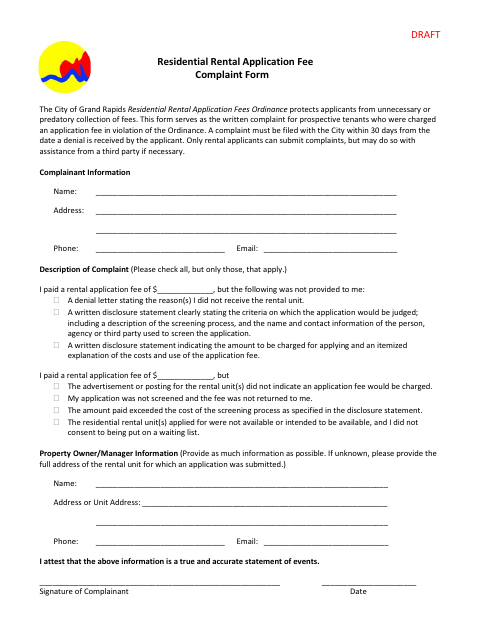 First page of the Residential Rental Application Fee Complaint Form