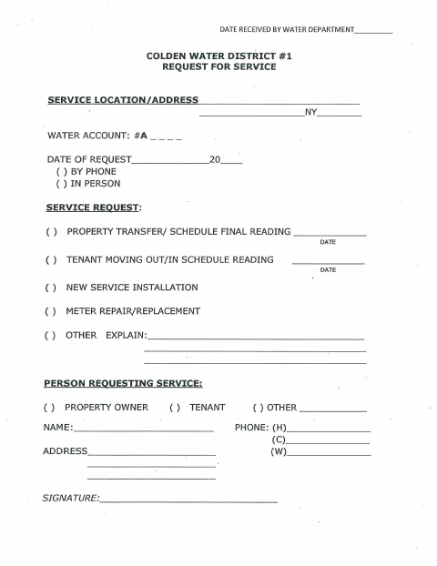First page of the Water Service Request