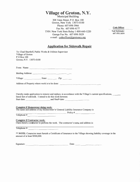 First page of the Application for Sidewalk Repair