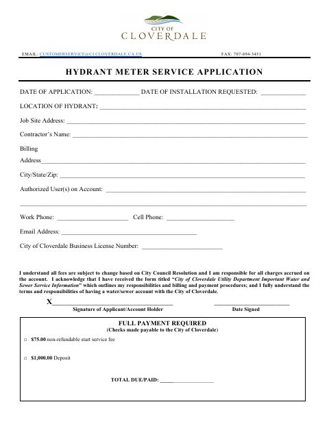 First page of the Hydrant Meter Service Application