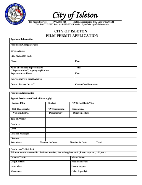 First page of the Film Permit Application