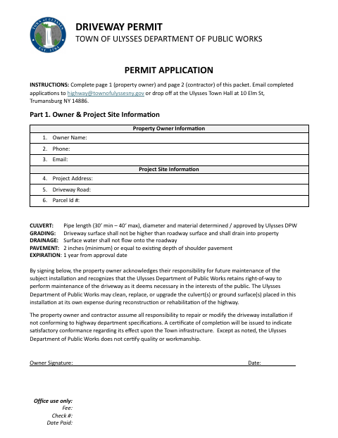First page of the Driveway Permit Application