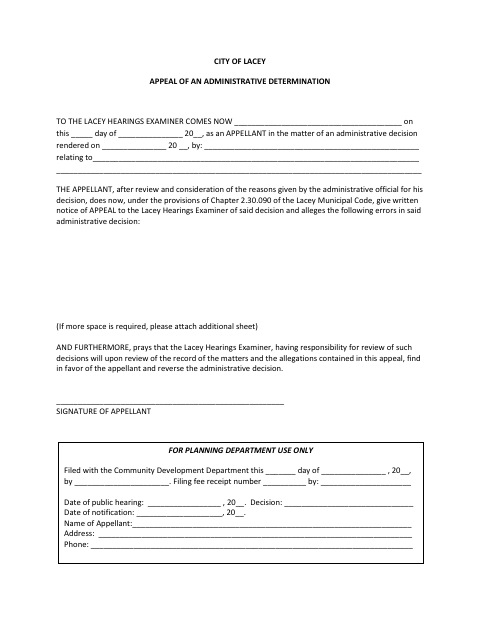 First page of the Appeal of an Administrative Determination